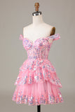 Cute Sparkly Hot Pink A Line Tiered Corset Lace Short Homecoming Dress