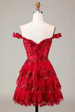 Sparkly Red A-Line Corset Tiered Lace Short Ball Dress