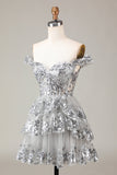 Sparkly Silver A-Line Corset Tiered Lace Short Ball Dress