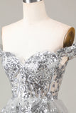 Sparkly Silver A-Line Corset Tiered Lace Short Ball Dress