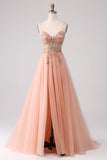 Sparkly Blush A Line Sequins Spaghetti Straps Long Ball Dress With Slit