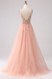 Sparkly Blush A Line Sequins Spaghetti Straps Long Ball Dress With Slit