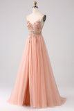 Sparkly Blush A Line Sequins Spaghetti Straps Long Ball Dress With Slit