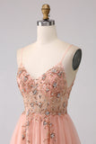 Sparkly Blush A Line Sequins Spaghetti Straps Long Ball Dress With Slit