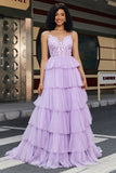 Princess A Line Spaghetti Straps Lilac Corset Ball Dress with Appliques Ruffles