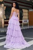 Princess A Line Spaghetti Straps Lilac Corset Ball Dress with Appliques Ruffles