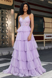 Princess A Line Spaghetti Straps Lilac Corset Ball Dress with Appliques Ruffles