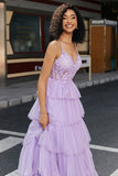 Princess A Line Spaghetti Straps Lilac Corset Ball Dress with Appliques Ruffles