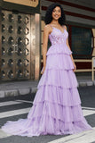 Princess A Line Spaghetti Straps Lilac Corset Ball Dress with Appliques Ruffles