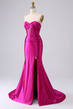 Fuchsia Strapless Satin Mermaid Corset Long PLus Size Prom Dress with Slit