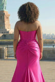 Fuchsia Strapless Satin Mermaid Corset Long PLus Size Prom Dress with Slit