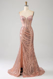 Mermaid Rose Gold Beaded Ruched Sequin Corset Prom Dress with Side Slit