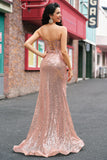 Mermaid Rose Gold Beaded Ruched Sequin Corset Prom Dress with Side Slit