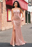 Mermaid Rose Gold Beaded Ruched Sequin Corset Prom Dress with Side Slit