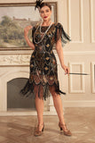 Black Golden Sheath 1920s Great Gatsby Sequin Fringe Flapper Dress with Sleeve