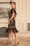 Black Golden Sheath 1920s Great Gatsby Sequin Fringe Flapper Dress with Sleeve