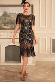 Black Golden Sheath 1920s Great Gatsby Sequin Fringe Flapper Dress with Sleeve