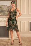 Green Golden Sequins Sheath 1920s Great Gatsby Sequin Fringe Flapper Dress