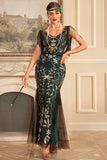 Green Golden Sheath V Neck Sequins Long 1920s Flapper Dress with Fringes