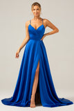 Royal Blue Satin A Line Spaghetti Straps Prom Dress with Slit