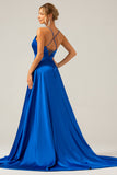 Royal Blue Satin A Line Spaghetti Straps Prom Dress with Slit