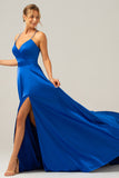 Royal Blue Satin A Line Spaghetti Straps Prom Dress with Slit