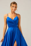 Royal Blue Satin A Line Spaghetti Straps Prom Dress with Slit