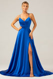 Royal Blue Satin A Line Spaghetti Straps Prom Dress with Slit