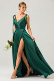 Dark Green A-Line Ruched Spaghetti Straps Long Bridesmaid Dress with Slit