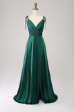 Simple Dark Green Ruched Spaghetti Straps Ball Dress with Slit
