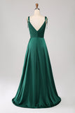 Simple Dark Green Ruched Spaghetti Straps Ball Dress with Slit