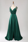 Simple Dark Green Spaghetti Straps Ruched Ball Dress with Slit