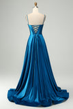 Sparkly Dark Blue A Line Corset Beaded Long Ball Dress With Slit