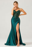 Sparkly Dark Green Mermaid Sequin Pleated Corset Long Ball Dress with Slit