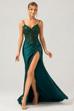 Sparkly Dark Green Mermaid Sequin Pleated Corset Long Ball Dress with Slit