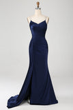 Navy Mermaid Spaghetti Straps Corset Pleated Long Prom Dress with Slit