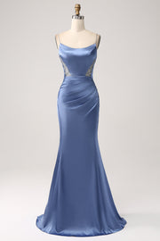 Mermaid Grey Blue Satin Spaghetti Straps Long Ball Dress