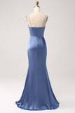 Mermaid Grey Blue Satin Spaghetti Straps Long Ball Dress