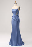 Mermaid Grey Blue Satin Spaghetti Straps Long Ball Dress