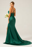 Dark Green Mermaid Spaghetti Straps Satin Long Bridesmaid Dress with Pleats