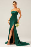 Dark Green Mermaid Spaghetti Straps Satin Long Bridesmaid Dress with Pleats