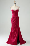 Burgundy Mermaid Spaghetti Straps Long Corset Ball Dress with Slit