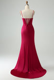 Burgundy Mermaid Spaghetti Straps Long Corset Ball Dress with Slit