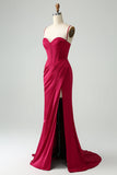 Burgundy Mermaid Spaghetti Straps Long Corset Ball Dress with Slit