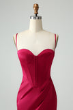 Burgundy Mermaid Spaghetti Straps Long Corset Ball Dress with Slit