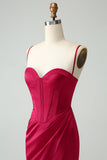 Burgundy Mermaid Spaghetti Straps Long Corset Ball Dress with Slit