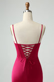 Burgundy Mermaid Spaghetti Straps Long Corset Ball Dress with Slit