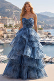 Grey Blue A-Line Embroidery Strapless Tiered Long Ball Dress