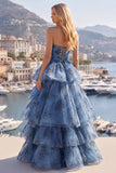 Grey Blue A-Line Embroidery Strapless Tiered Long Ball Dress