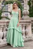 Green A Line Off The Shoulder Corset Bridesmaid Dress With Ruffles